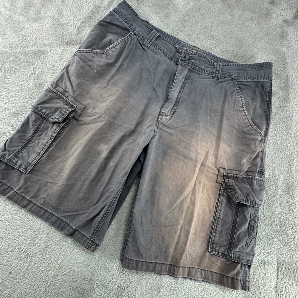 No Fear Cargo Shorts Mens 36 Faded Black Y2K Ripstop Embroidered Baggy Skate